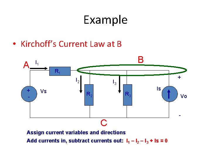 Example • Kirchoff’s Current Law at B A B I 1 R 1 I