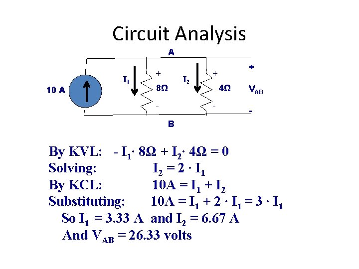 Circuit Analysis A 10 A I 1 + 8Ω - I 2 + +