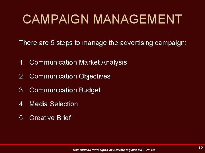 CAMPAIGN MANAGEMENT There are 5 steps to manage the advertising campaign: 1. Communication Market