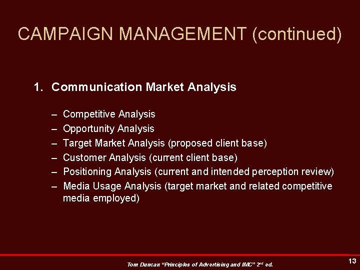 CAMPAIGN MANAGEMENT (continued) 1. Communication Market Analysis – – – Competitive Analysis Opportunity Analysis
