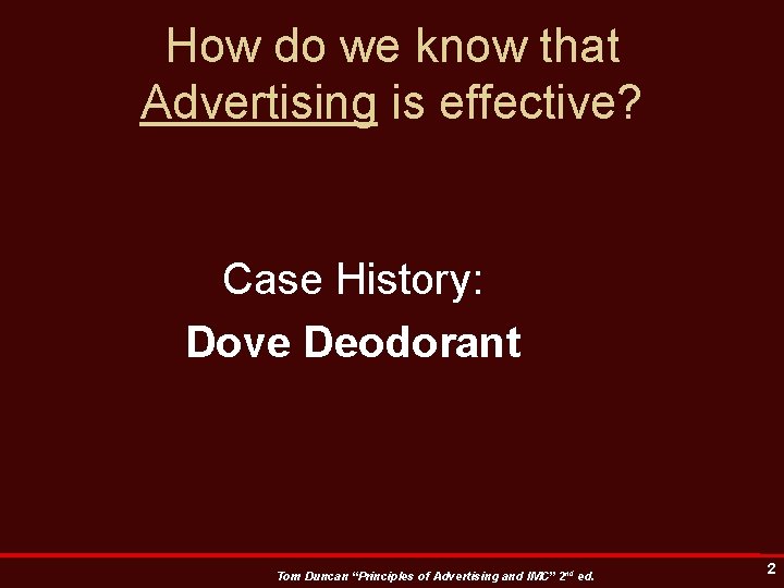 How do we know that Advertising is effective? Case History: Dove Deodorant Tom Duncan