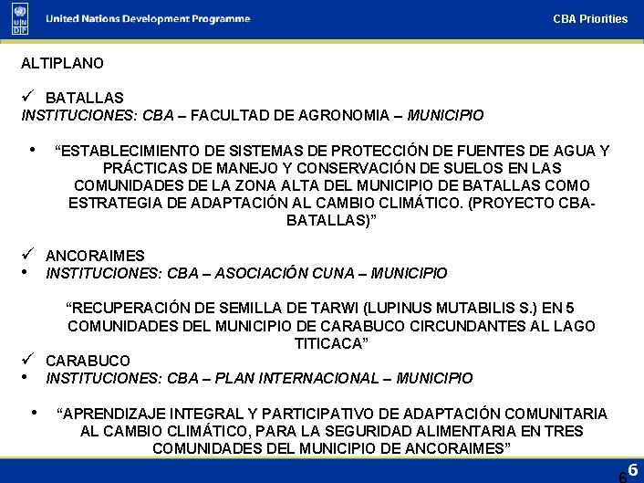 CBA Priorities ALTIPLANO ü BATALLAS INSTITUCIONES: CBA – FACULTAD DE AGRONOMIA – MUNICIPIO •