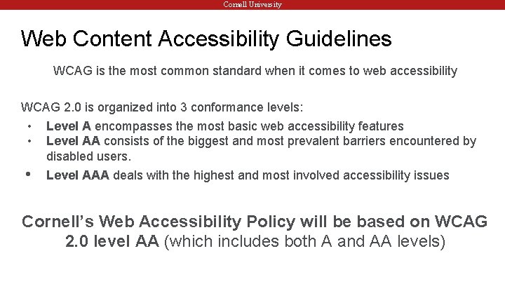 Cornell University Web Content Accessibility Guidelines WCAG is the most common standard when it