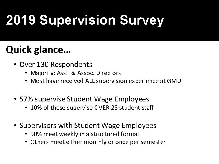  2019 Supervision Survey Quick glance… • Over 130 Respondents • Majority: Asst. &