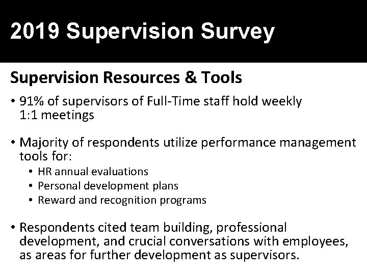  2019 Supervision Survey Supervision Resources & Tools • 91% of supervisors of Full-Time