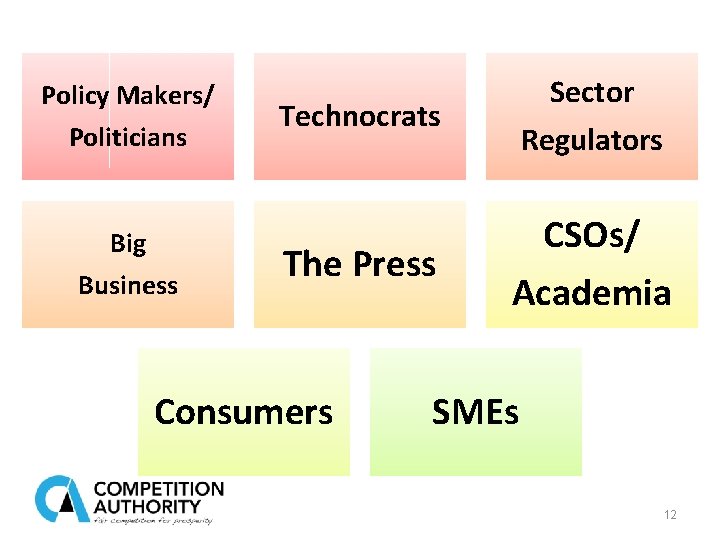 Policy Makers/ Politicians Big Business Technocrats Sector Regulators The Press CSOs/ Academia Consumers SMEs