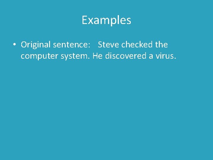 Examples • Original sentence: Steve checked the computer system. He discovered a virus. 