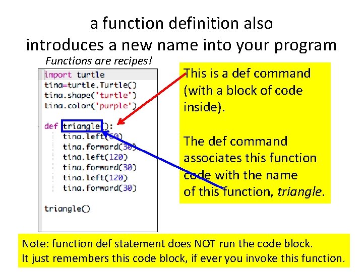 a function definition also introduces a new name into your program Functions are recipes!