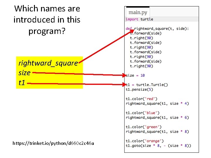 Which names are introduced in this program? rightward_square size t 1 https: //trinket. io/python/d