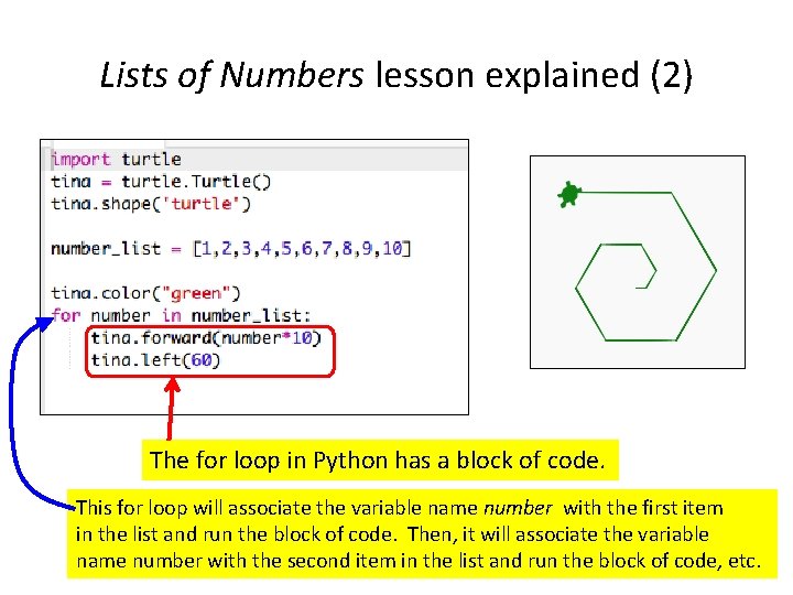 Lists of Numbers lesson explained (2) The for loop in Python has a block