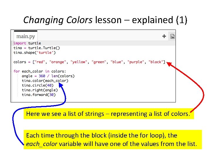 Changing Colors lesson – explained (1) Here we see a list of strings –