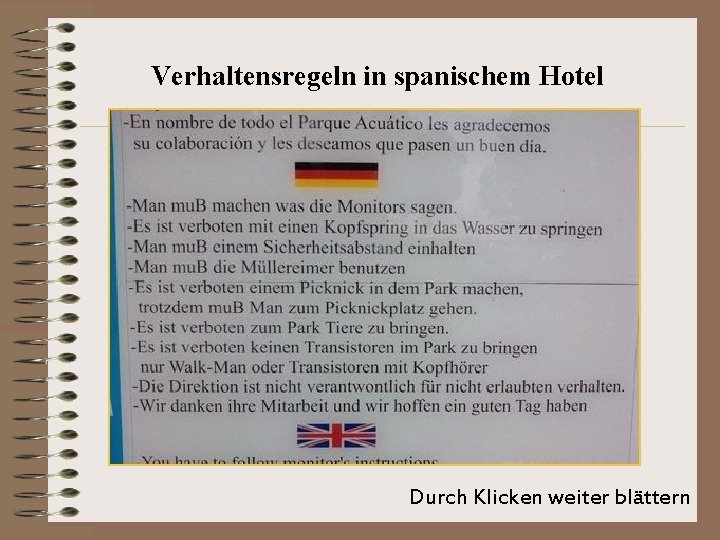 Verhaltensregeln in spanischem Hotel Durch Klicken weiter blättern 