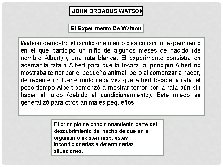 JOHN BROADUS WATSON El Experimento De Watson demostró el condicionamiento clásico con un experimento