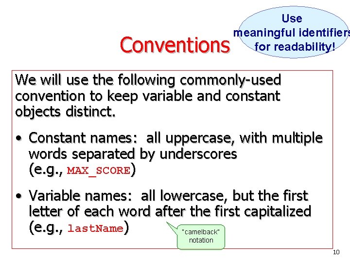 Conventions Use meaningful identifiers for readability! We will use the following commonly-used convention to