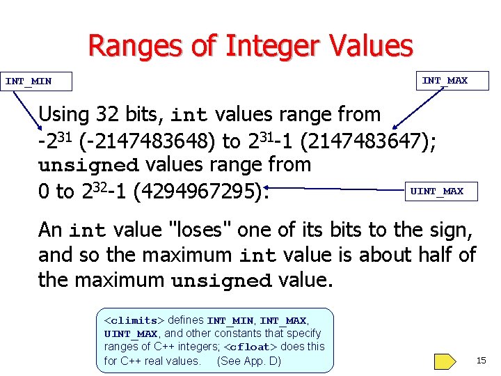 Ranges of Integer Values INT_MAX INT_MIN Using 32 bits, int values range from -231
