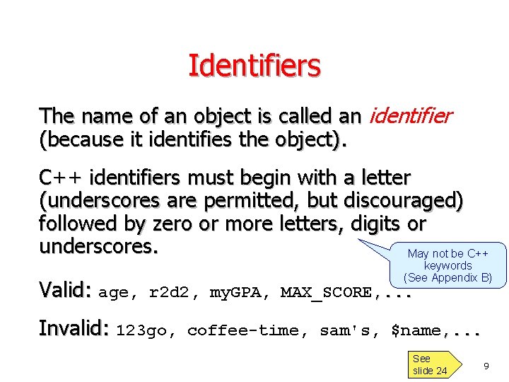 Identifiers The name of an object is called an identifier (because it identifies the
