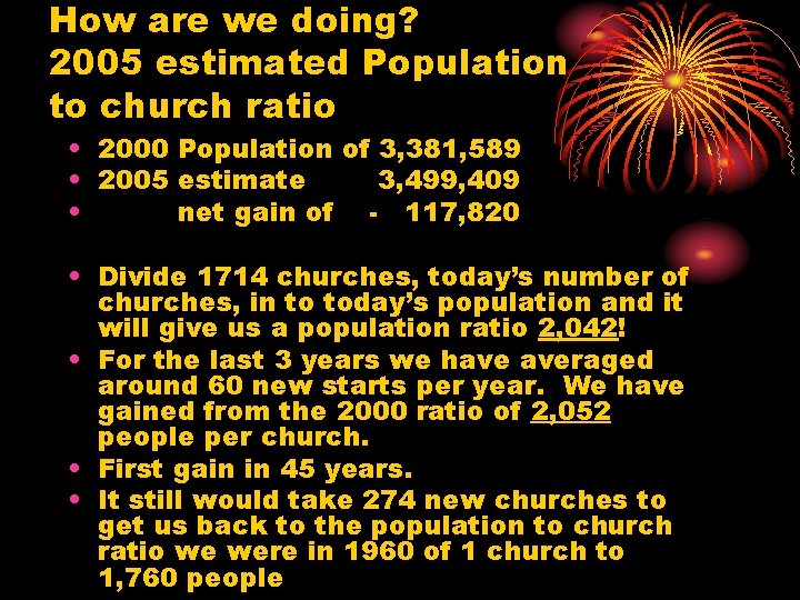 How are we doing? 2005 estimated Population to church ratio • 2000 Population of