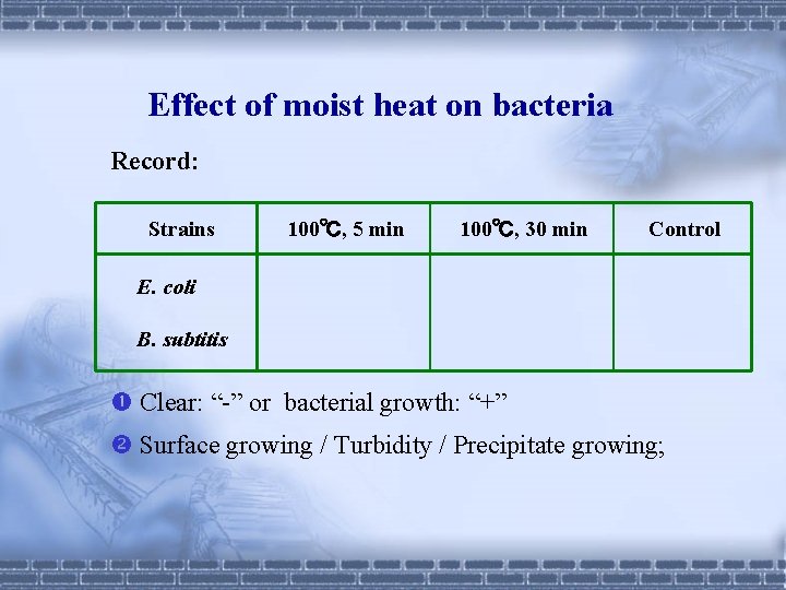 Effect of moist heat on bacteria Record: Strains 100℃, 5 min 100℃, 30 min