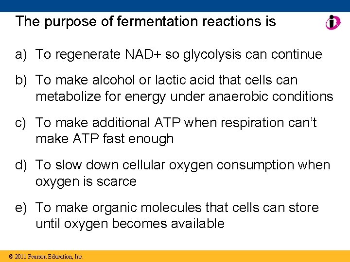 The purpose of fermentation reactions is a) To regenerate NAD+ so glycolysis can continue