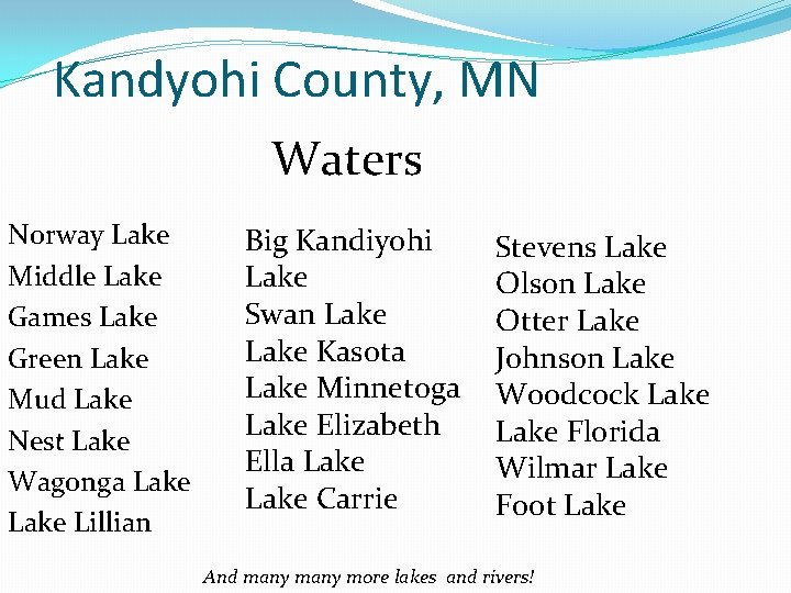 Kandyohi County, MN Waters Norway Lake Middle Lake Games Lake Green Lake Mud Lake