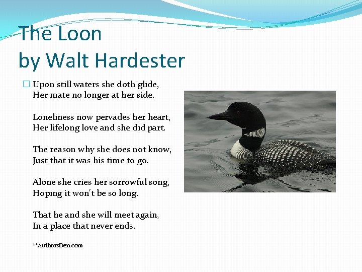 The Loon by Walt Hardester � Upon still waters she doth glide, Her mate