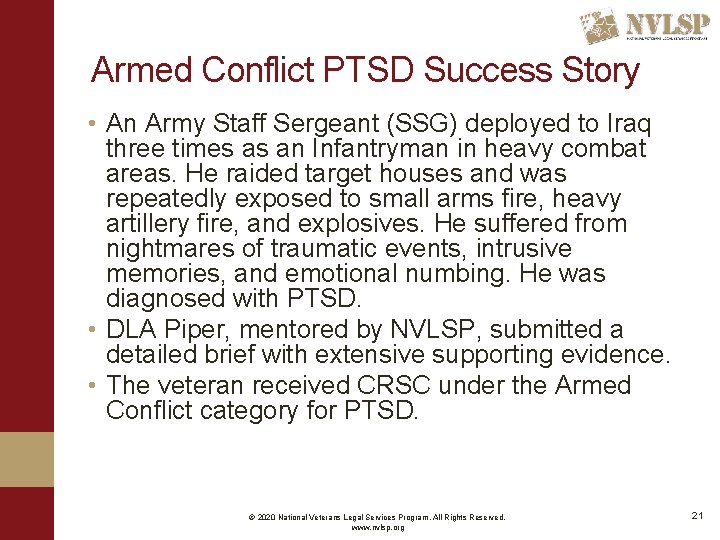 Armed Conflict PTSD Success Story • An Army Staff Sergeant (SSG) deployed to Iraq