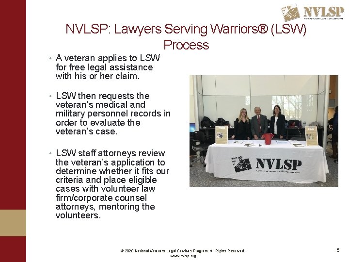 NVLSP: Lawyers Serving Warriors® (LSW) Process • A veteran applies to LSW for free