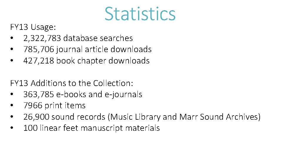 Statistics FY 13 Usage: • 2, 322, 783 database searches • 785, 706 journal