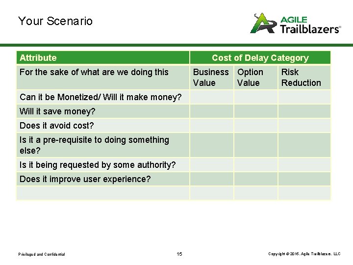 Your Scenario Attribute Cost of Delay Category For the sake of what are we