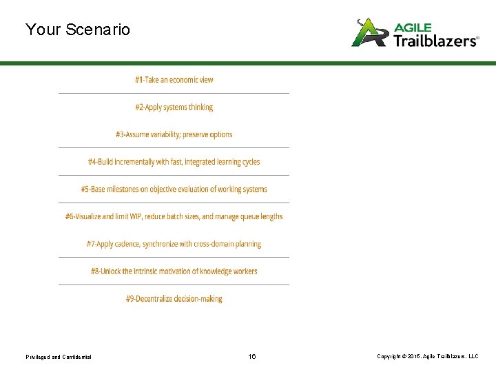 Your Scenario Privileged and Confidential 16 Copyright © 2015, Agile Trailblazers, LLC 