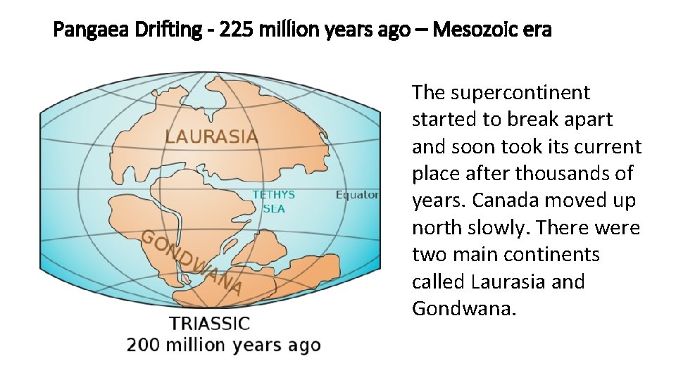 Pangaea Drifting - 225 million years ago – Mesozoic era The supercontinent started to