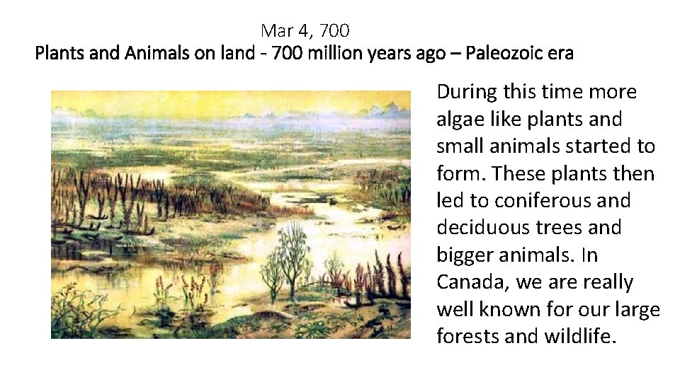 Mar 4, 700 Plants and Animals on land - 700 million years ago –