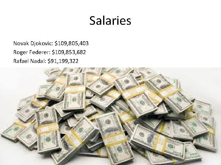 Salaries Novak Djokovic: $109, 805, 403 Roger Federer: $109, 853, 682 Rafael Nadal: $91,