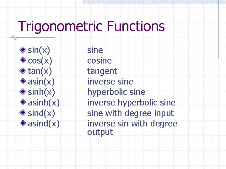 Trigonometric Functions sin(x) cos(x) tan(x) asin(x) sinh(x) asinh(x) sind(x) asind(x) sine cosine tangent inverse Trigonometric Functions sin(x) cos(x) tan(x) asin(x) sinh(x) asinh(x) sind(x) asind(x) sine cosine tangent inverse