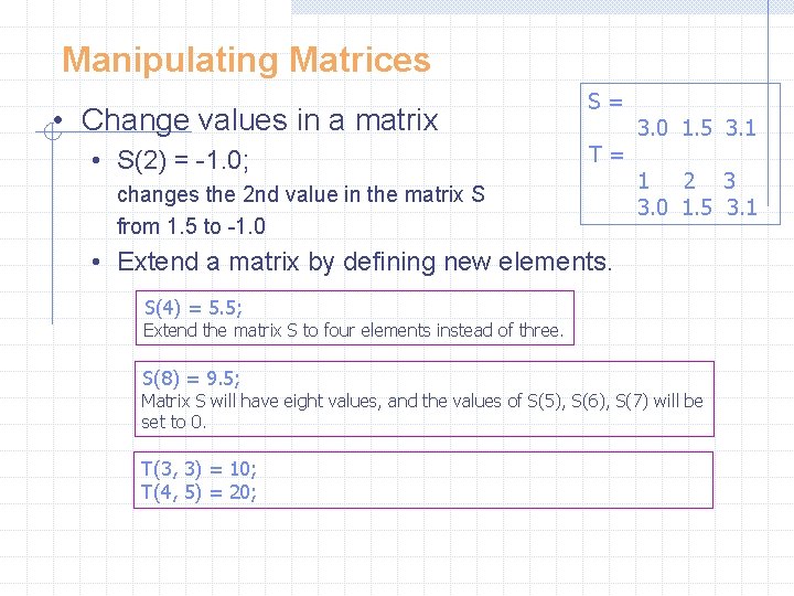 Manipulating Matrices • Change values in a matrix • S(2) = -1. 0; S= Manipulating Matrices • Change values in a matrix • S(2) = -1. 0; S=