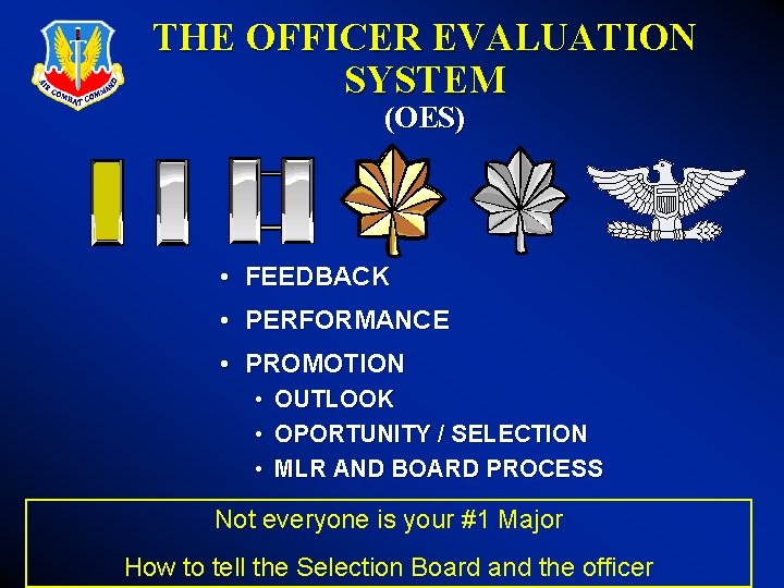 THE OFFICER EVALUATION SYSTEM (OES) • FEEDBACK • PERFORMANCE • PROMOTION • OUTLOOK •