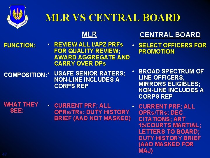 MLR VS CENTRAL BOARD MLR • REVIEW ALL I/APZ PRFs • FOR QUALITY REVIEW;