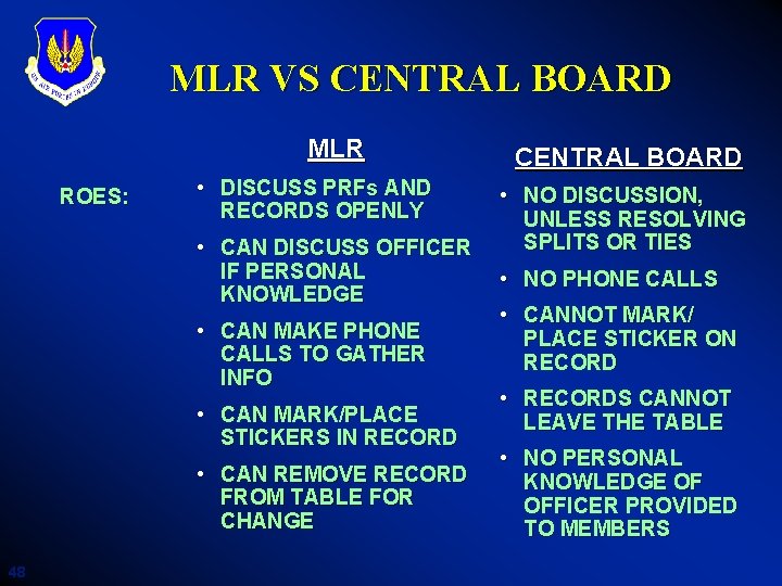 MLR VS CENTRAL BOARD MLR ROES: • DISCUSS PRFs AND RECORDS OPENLY • CAN