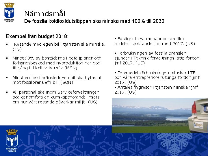 Nämndsmål De fossila koldioxidutsläppen ska minska med 100% till 2030 Exempel från budget 2018: