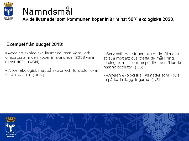 Nämndsmål Av de livsmedel som kommunen köper in är minst 50% ekologiska 2020. Exempel