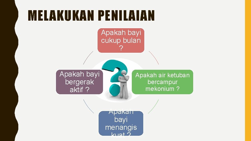 MELAKUKAN PENILAIAN Apakah bayi cukup bulan ? Apakah bayi bergerak aktif ? Apakah air