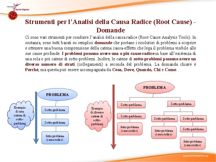 Strumenti per l’Analisi della Causa Radice (Root Cause) - Domande Ci sono vari strumenti