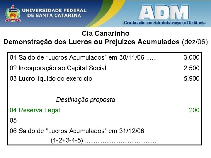 Cia Canarinho Demonstração dos Lucros ou Prejuízos Acumulados (dez/06) 01 Saldo de “Lucros Acumulados”