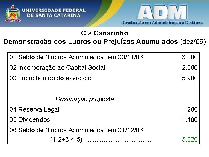 Cia Canarinho Demonstração dos Lucros ou Prejuízos Acumulados (dez/06) 01 Saldo de “Lucros Acumulados”