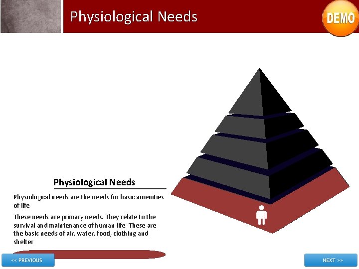 Physiological Needs Physiological needs are the needs for basic amenities of life These needs