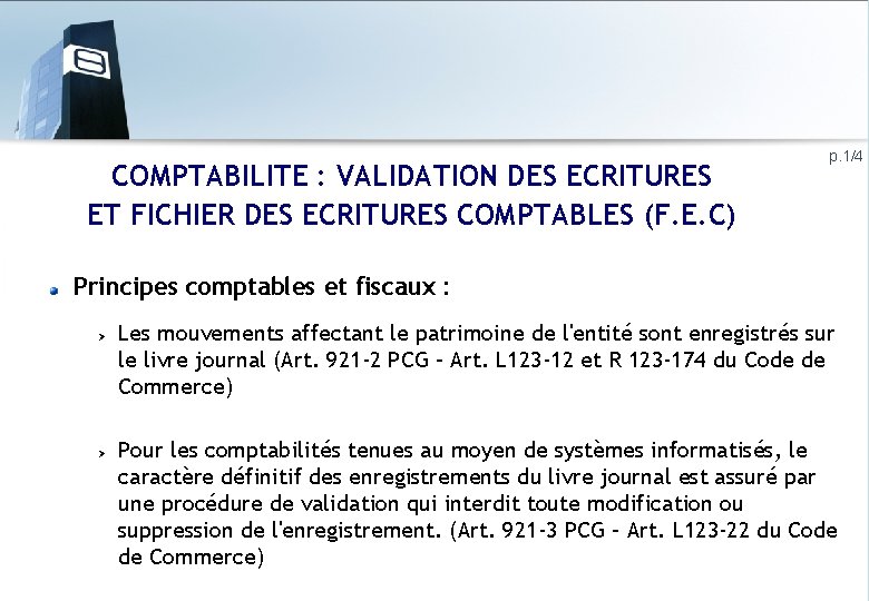 COMPTABILITE : VALIDATION DES ECRITURES ET FICHIER DES ECRITURES COMPTABLES (F. E. C) p.