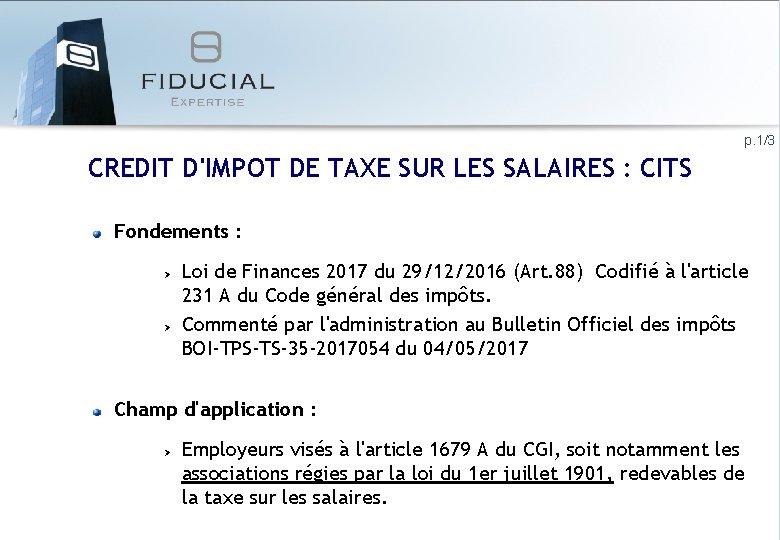 p. 1/3 CREDIT D'IMPOT DE TAXE SUR LES SALAIRES : CITS Fondements : Loi