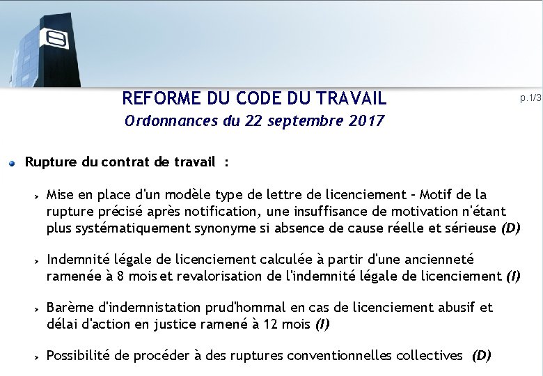 REFORME DU CODE DU TRAVAIL p. 1/3 Ordonnances du 22 septembre 2017 Rupture du