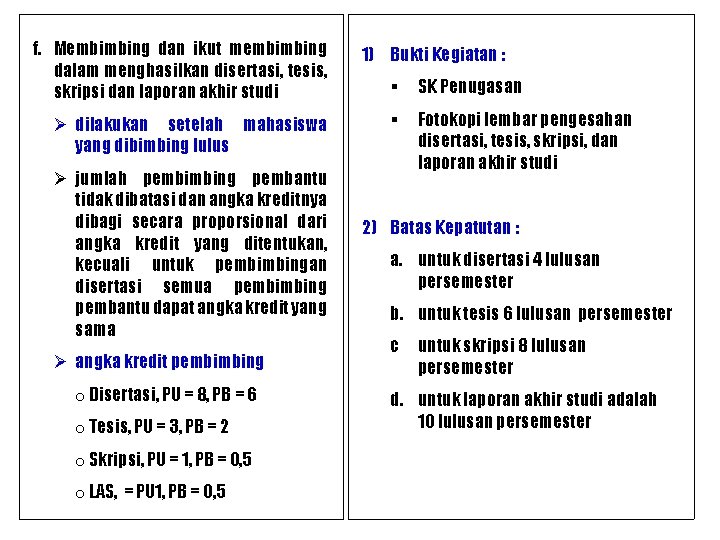 f. Membimbing dan ikut membimbing dalam menghasilkan disertasi, tesis, skripsi dan laporan akhir studi