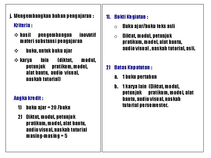 j. Mengembangkan bahan pengajaran : 1). Bukti Kegiatan : Kriteria : o Buku ajar/buku